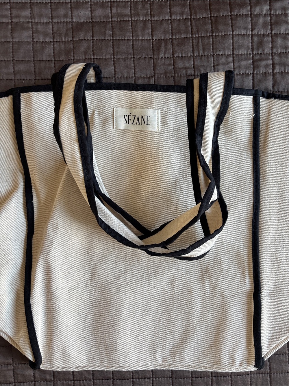 Sézane Canvas Tote Bag in Cream with Black Trim
